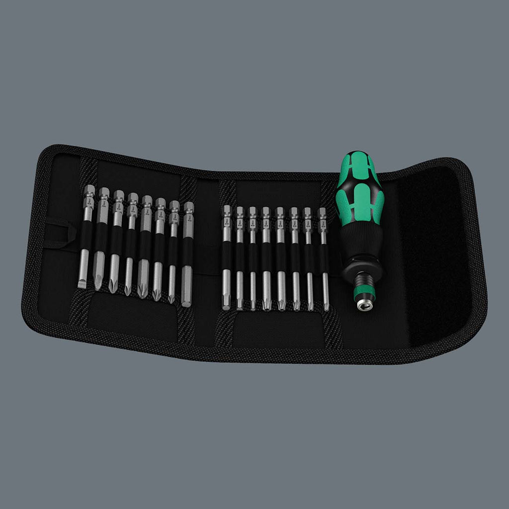 Wera 5059295001 KK 60 Kraftform Bitholding Screwdriver and 3 1/2-Inch Bit Pouch Set, 17-Piece, Multi
