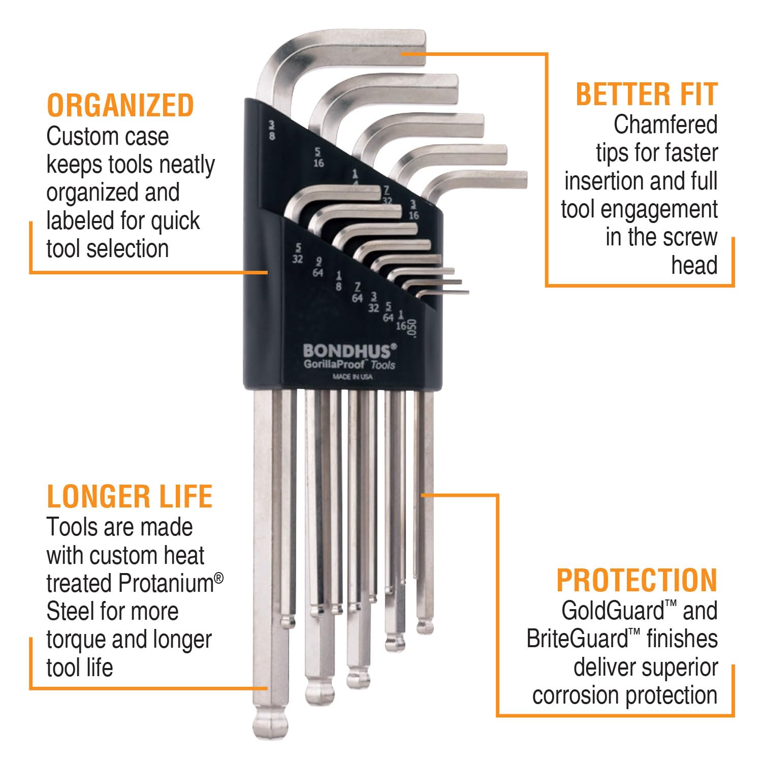 Bondhus 20399 Balldriver Hex Key Set, 22-Piece Metric & SAE Ball End L-Wrench Double Set, GoldGuard/BriteGuard Finish, Made in USA
