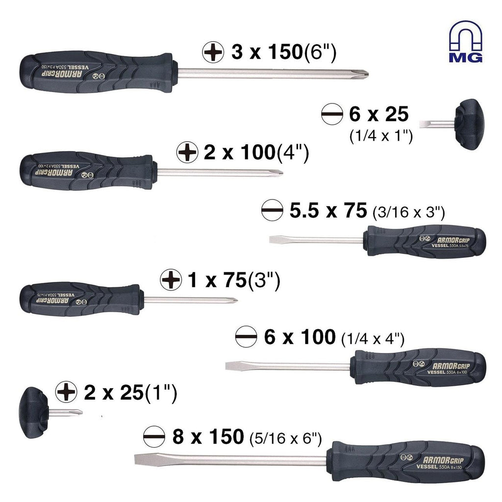 VESSEL ARMOR GRIP Screwdriver 8PC. Set (JISDRIVE) No.550A8PTU (Previous)