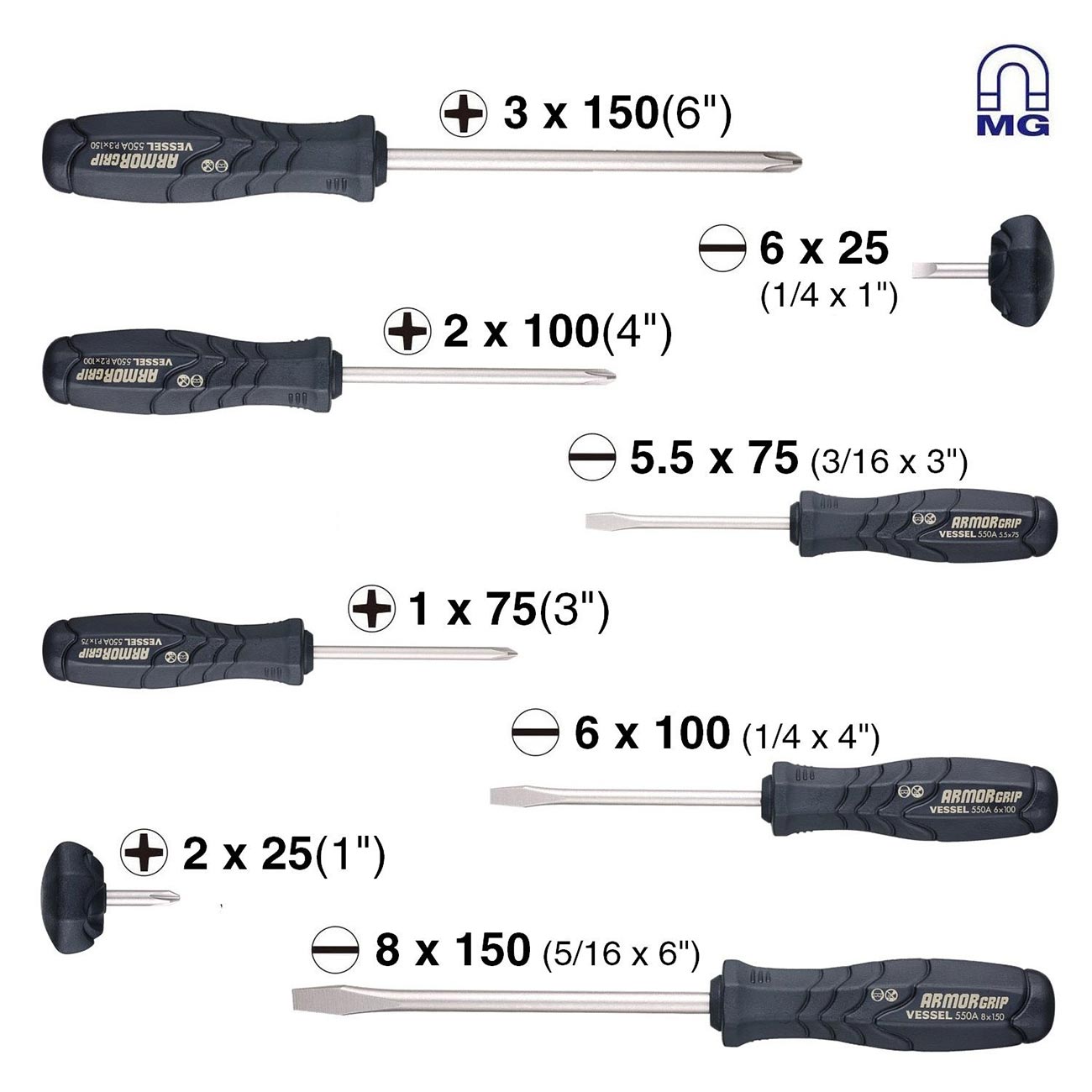 VESSEL ARMOR GRIP Screwdriver 8PC. Set (JISDRIVE) No.550A8PTU (Previous)