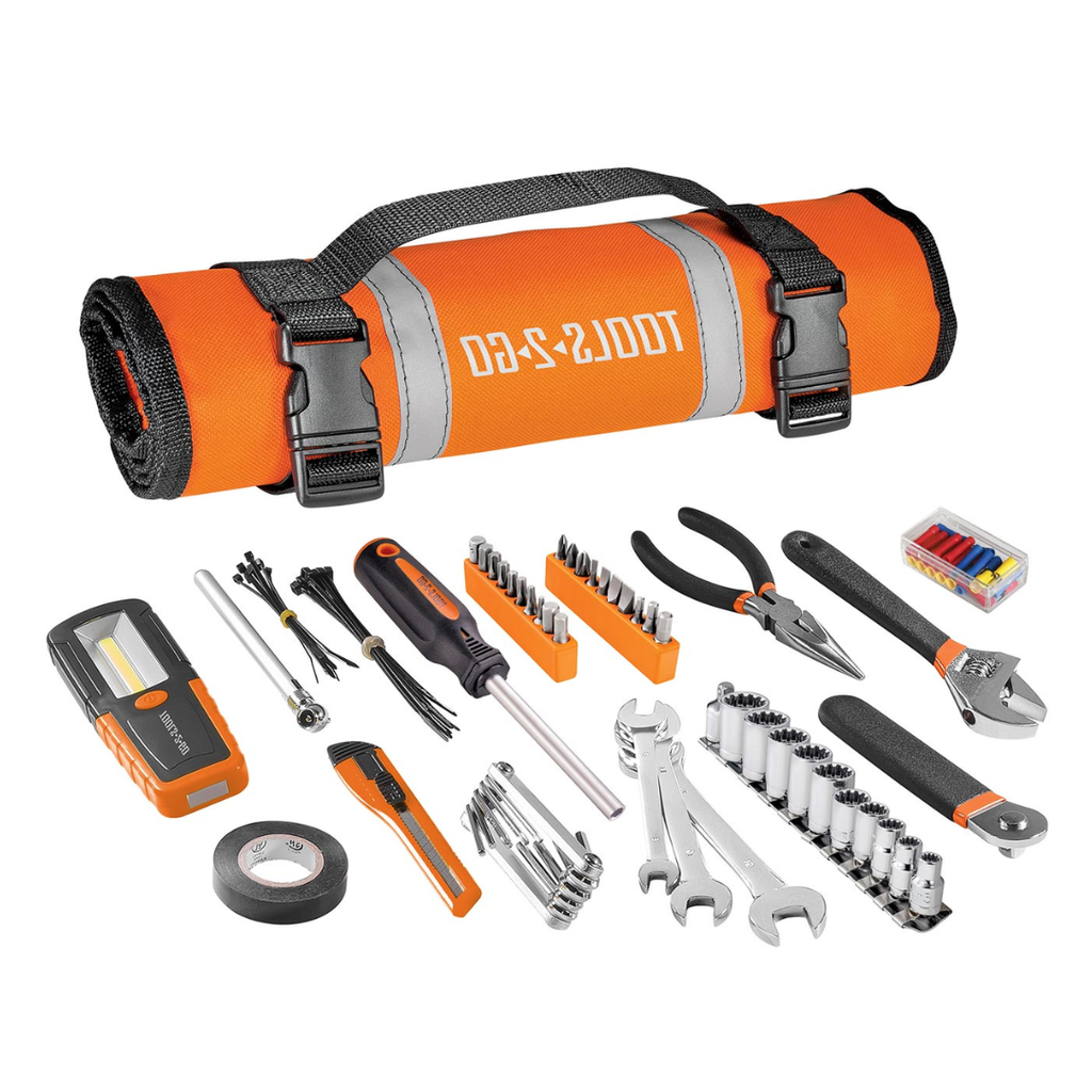 Tools-2-Go Tool 83 Piece Set with Roll-Up Pouch, Wrenches, Pliers, Work Light, Sockets, and Bits for Motorcycle, Car, Truck, ATV - 240119