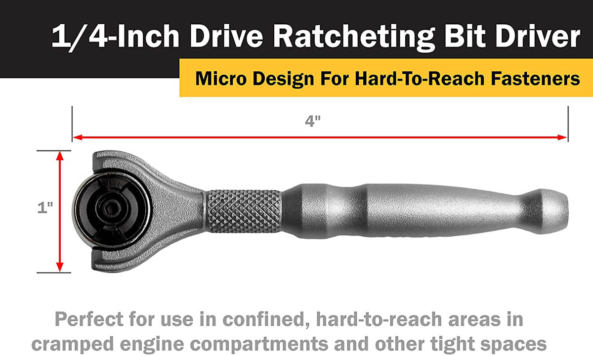 Titan 11318 1/4-Inch Drive x 4-Inch 90-Tooth Swivel Head Micro Ratcheting Bit Driver - Silver