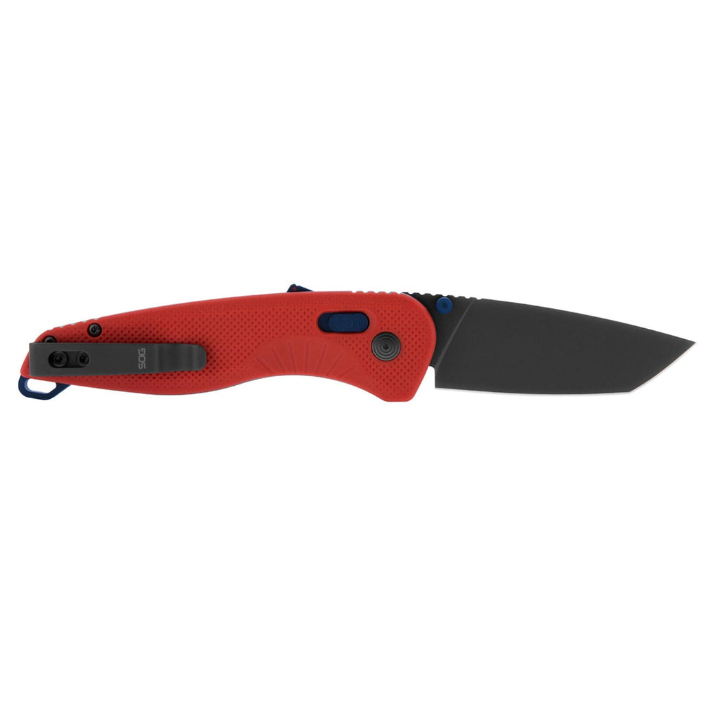 SOG Aegis AT Tanto Outdoor Pocket Folding Opening Knife, Ambidextrous AT-XR Lock With Ergonomic Handle,D2 Steel Blade,Built-In Blade Locking Safety and Spine-Mounted Safety System, Rescue RED & Indigo