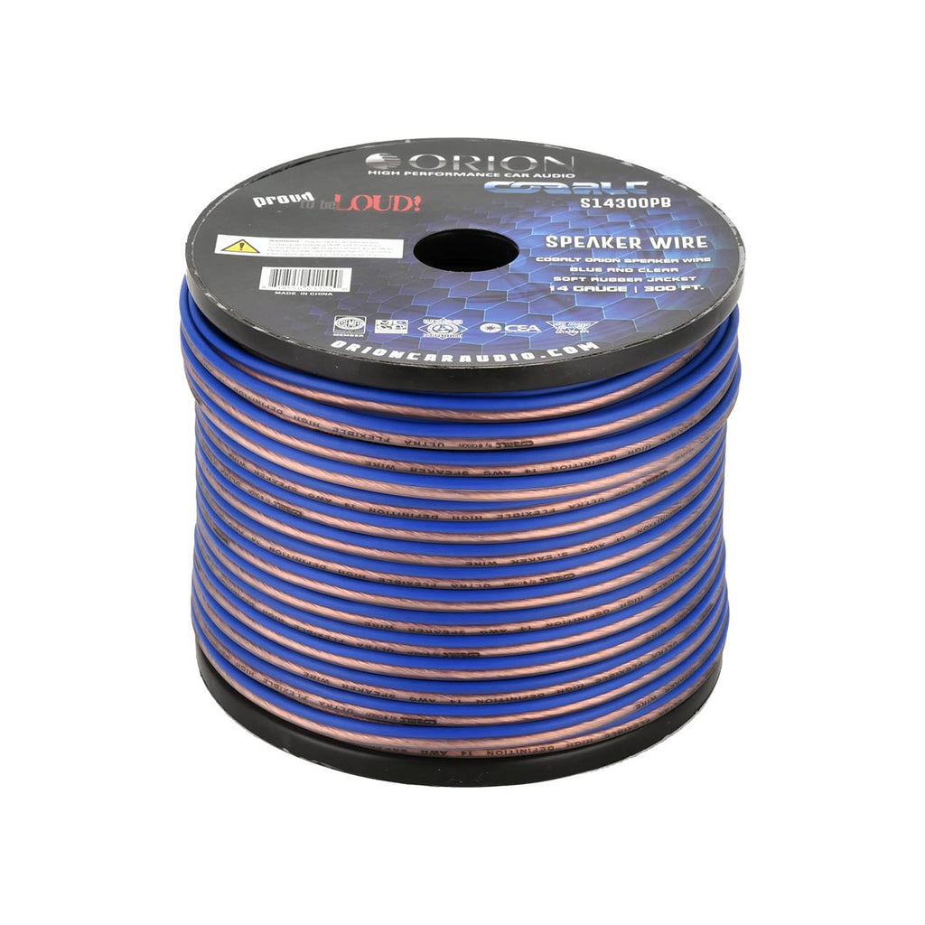 Orion Cobalt S14300PB 14 Gauge AWG (300-Ft Blue/Clear) High Powered Car Speaker Wire Roll, Surround Sound, Home Theater Speakers, RV Audio | 2x14 Gauge Speaker Cable/Wire Roll