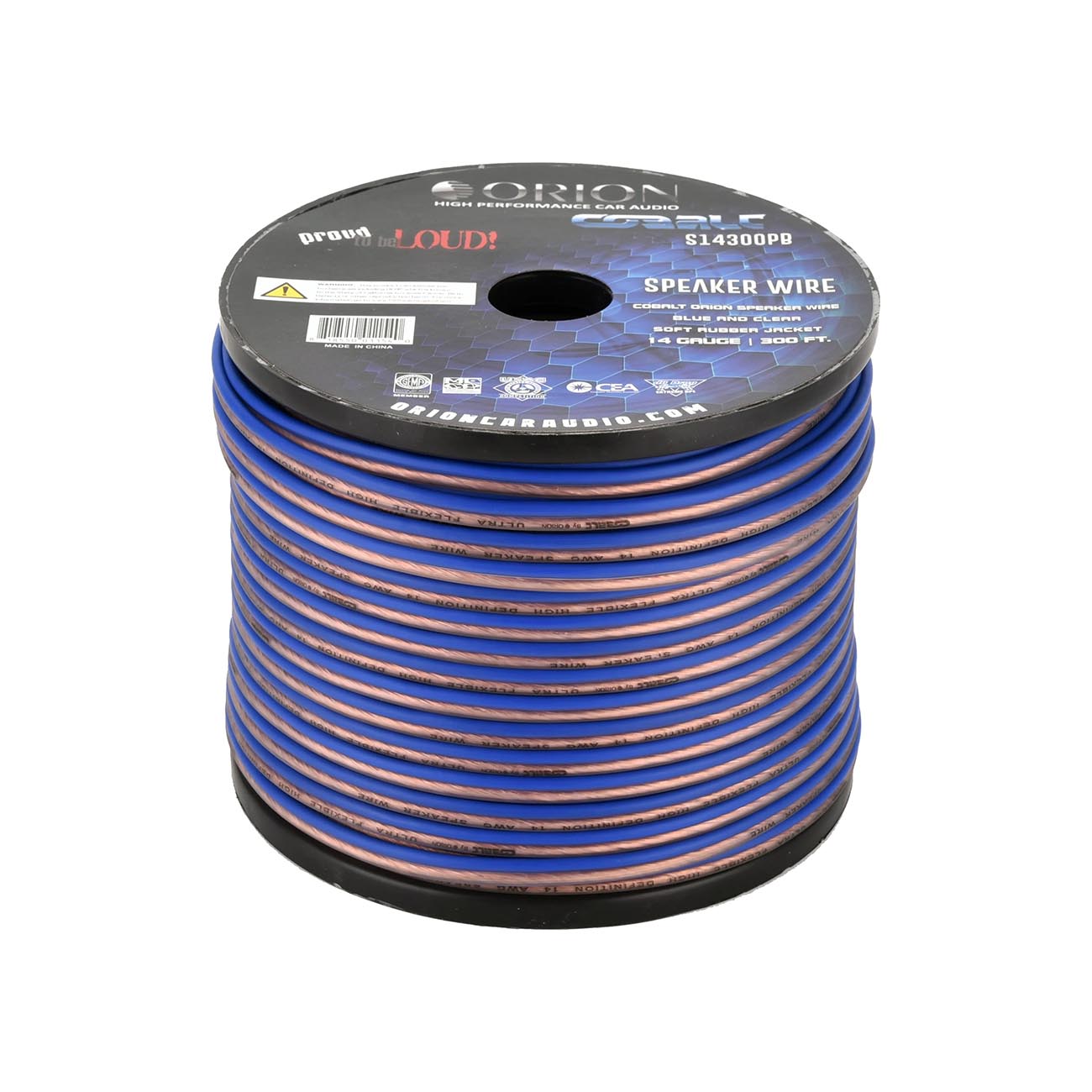Orion Cobalt S14300PB 14 Gauge AWG (300-Ft Blue/Clear) High Powered Car Speaker Wire Roll, Surround Sound, Home Theater Speakers, RV Audio | 2x14 Gauge Speaker Cable/Wire Roll