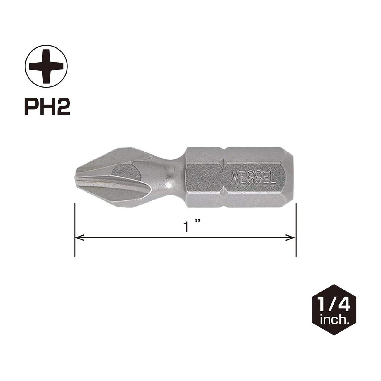 VESSEL - Neck Torsion Insert Bits Ph2X25.4 25Pc (Tictac) (NTPH2254P25T)