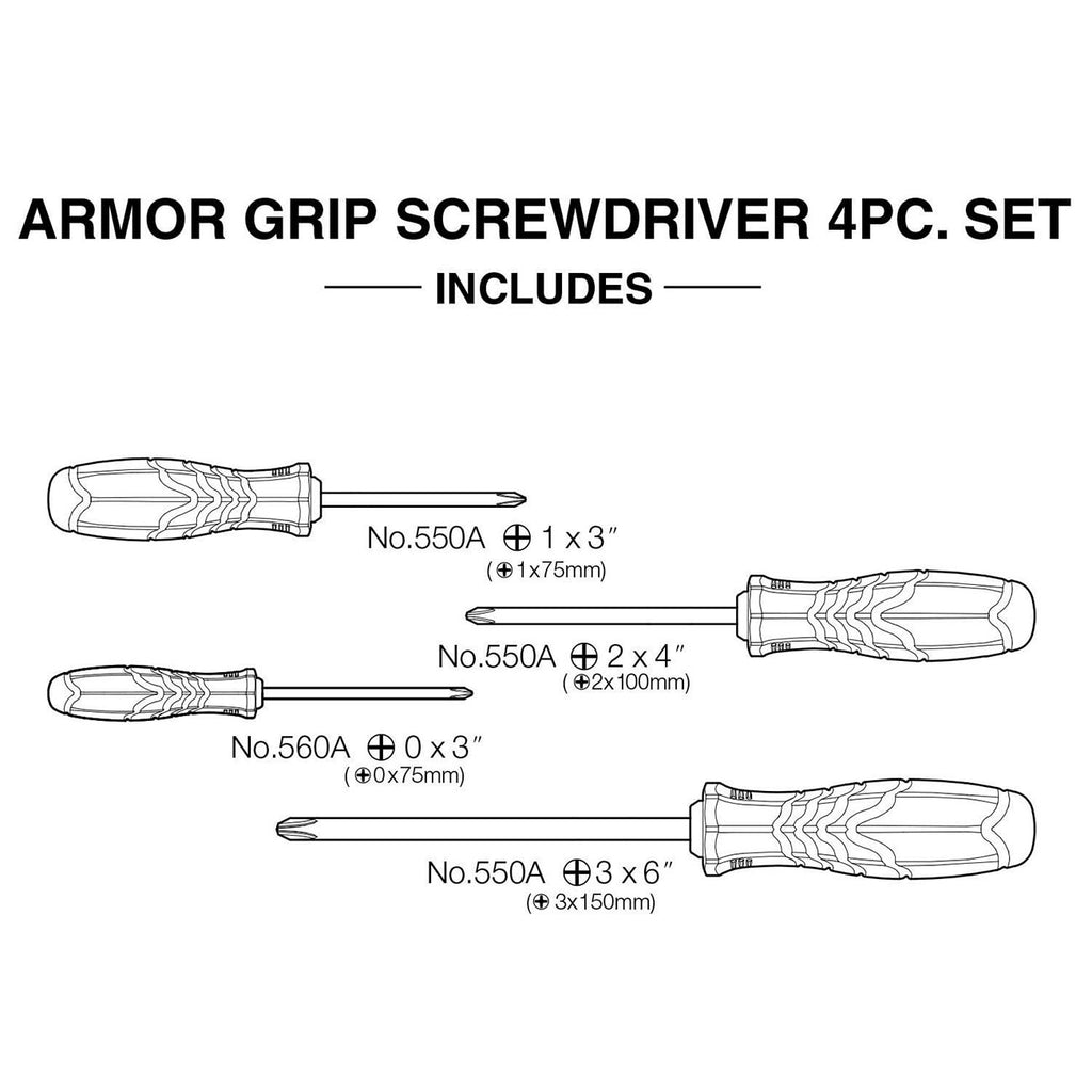 VESSEL - ARMOR GRIP™ Screwdriver Cross Point 4PC. Set (JISDRIVE) No.550APH4PBU