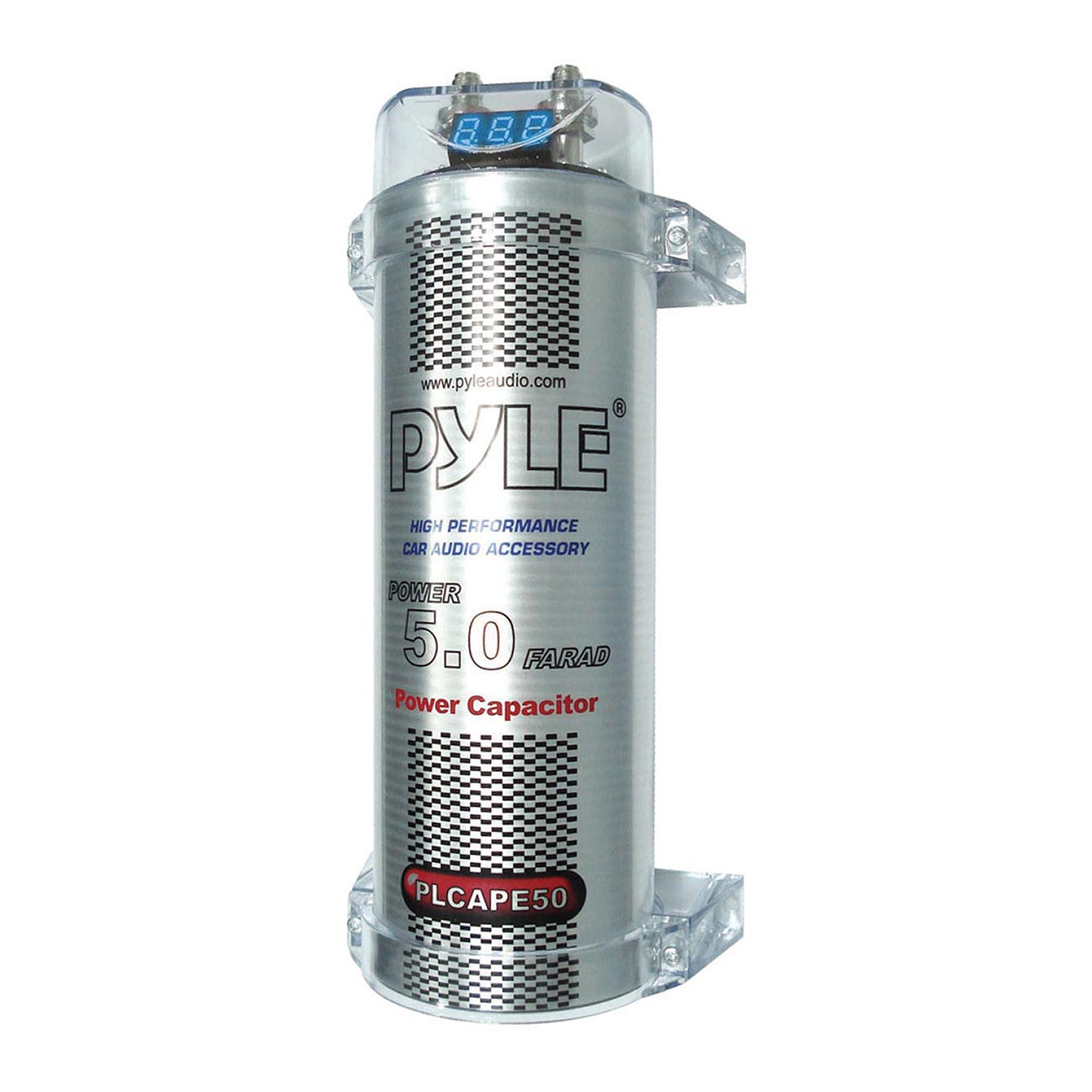 Pyle 5.0 Farad Digital Power Capacitor - High-Performance Car Audio Accessory with Blue Digital Display, Voltage Readout, Over Voltage Protection, Mounting Hardware, DC 12-24V - PLCAPE50