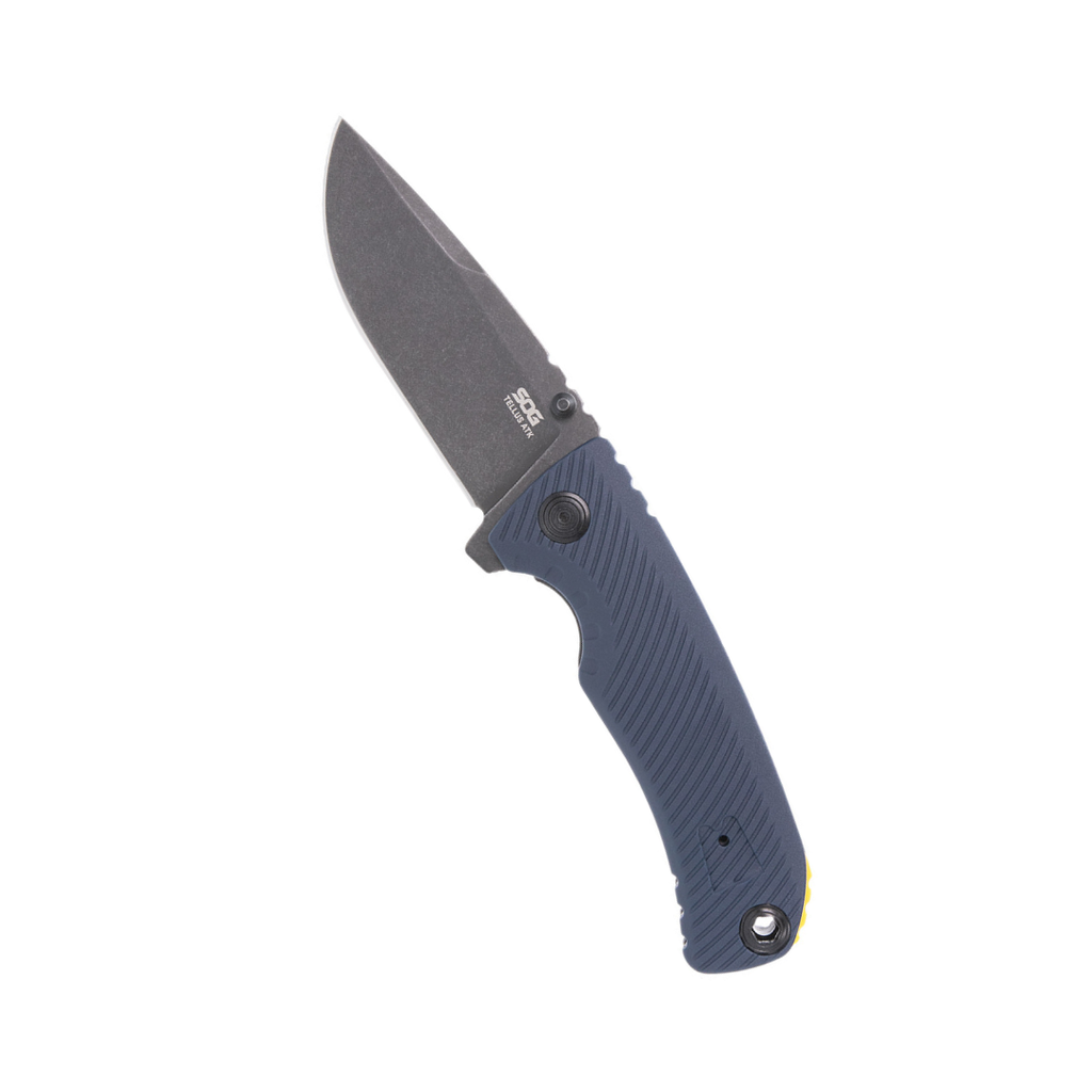 SOG Tellus ATK Outdoor Assisted Opening Frame Lock Folding Knife| Ambidextrous GRN Handle | CRYO 440C Stainless Steel Blade | Adjustable Belt Clip, Squid Ink/Yellow