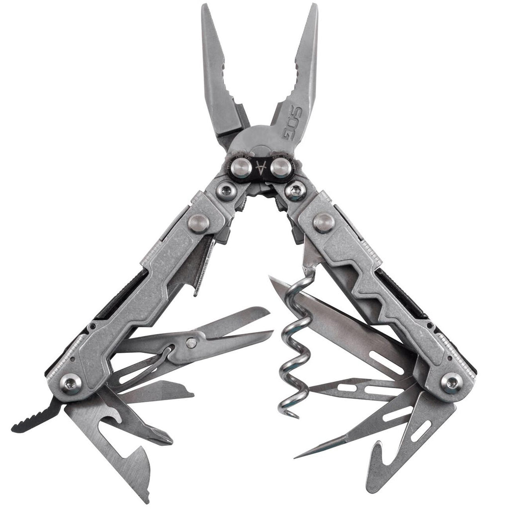 SOG PowerLitre Mini Utility Multi-Tool w/ 19 Lightweight Tools, Compact 5 Inch Long Utility Tool with Knife, Screwdriver, Hex Bit Holder, Stone Wash