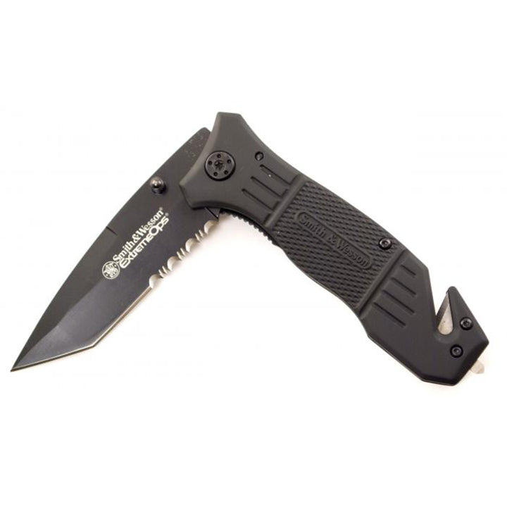 Smith & Wesson SWFR2S 8in High Carbon S.S. Folding Knife with 3.3in Tanto Point Serrated Blade and Aluminum Handle for Outdoor, Tactical, Survival and EDC