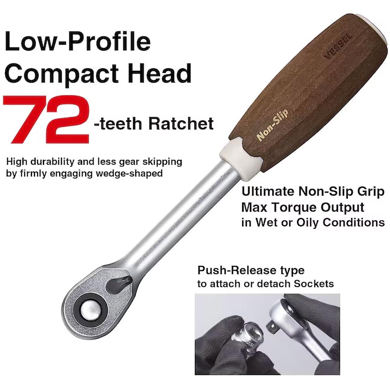 VESSEL 1/4"sq (6.35mm) Non-Slip handle Wood-Compo Ratchet Handle HRH2W (1/4"sq Ratchet Handle)