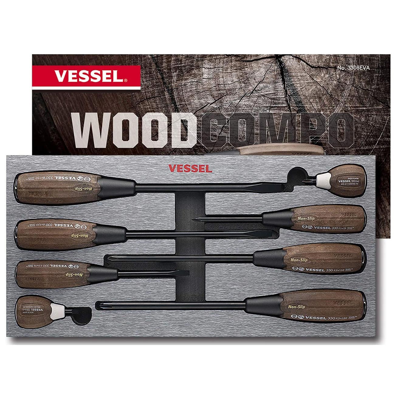 VESSEL WOOD-COMPO Non-Slip Tang-Thru Screwdriver (8PC. SET 3308EVA)