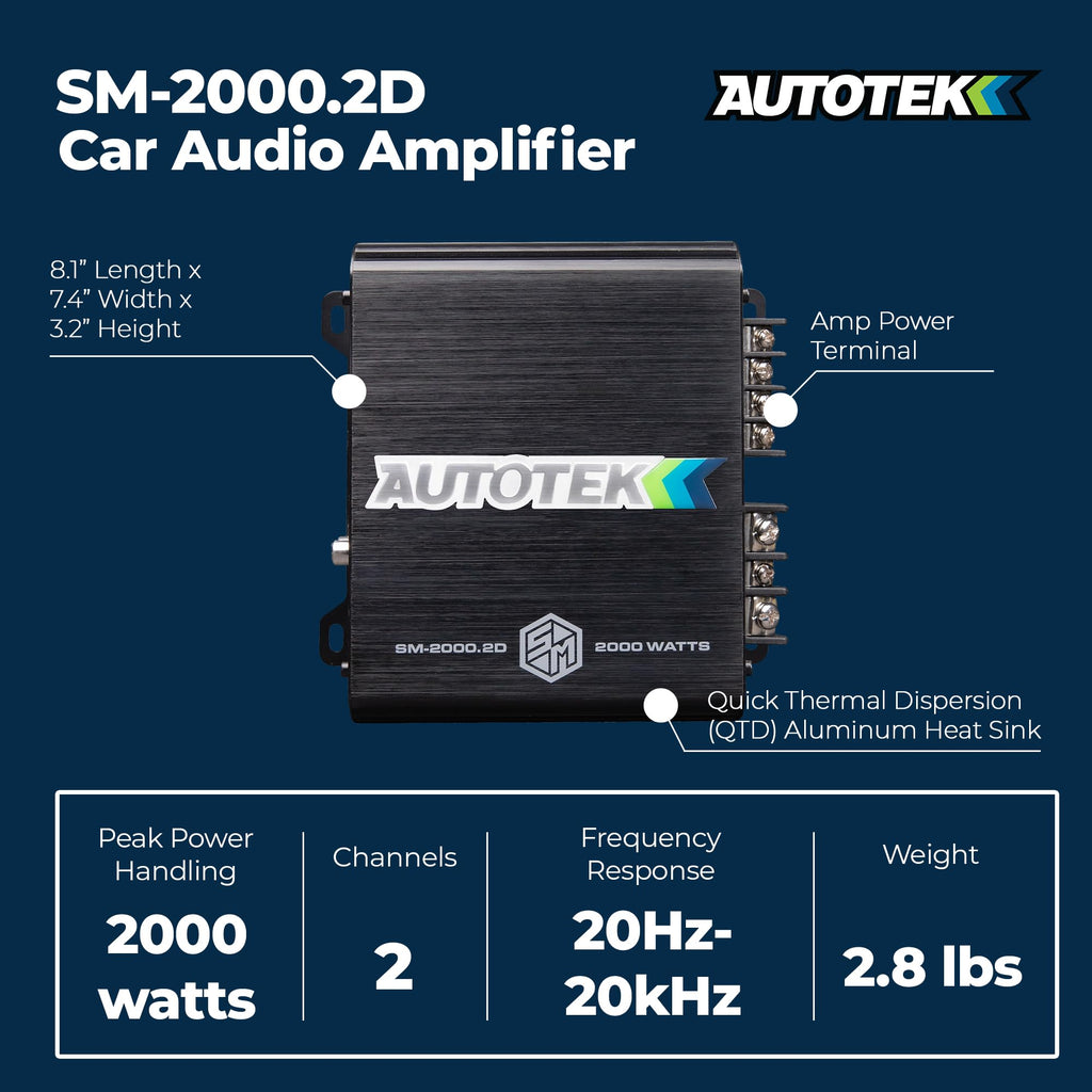 Autotek 2000 Watt 2 Channel Car Audio Amplifier with Bass Knob, High Output Class D Mono Bridged 4 Ohm Stable Input, Street Machine, SM-2000.2D, Black