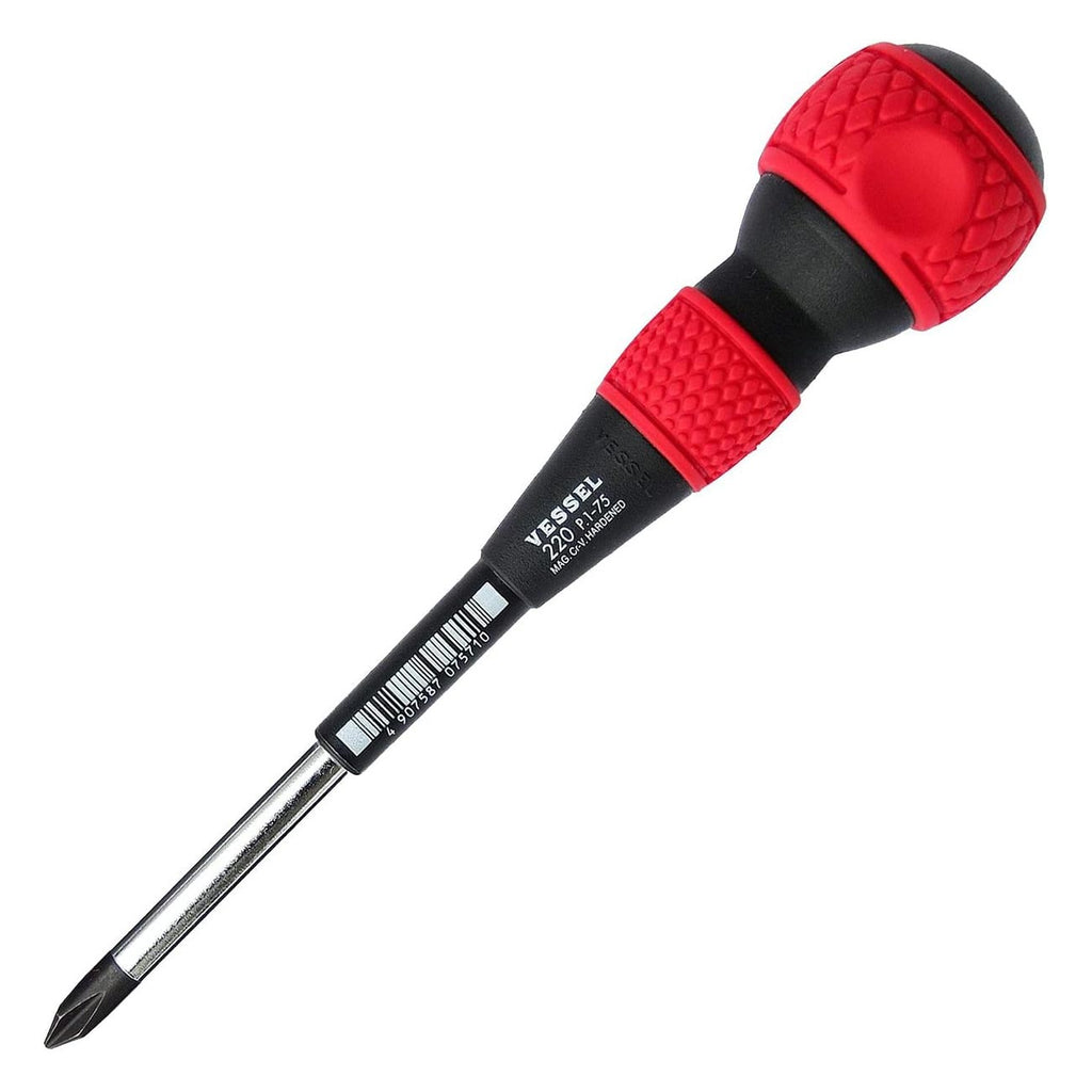 Vessel 220P175 Ball Grip Screwdriver – Phillips #1 x 75mm JIS Precision Driver, Ergonomic Ball Handle, Magnetized Tip, Professional Hand Tool