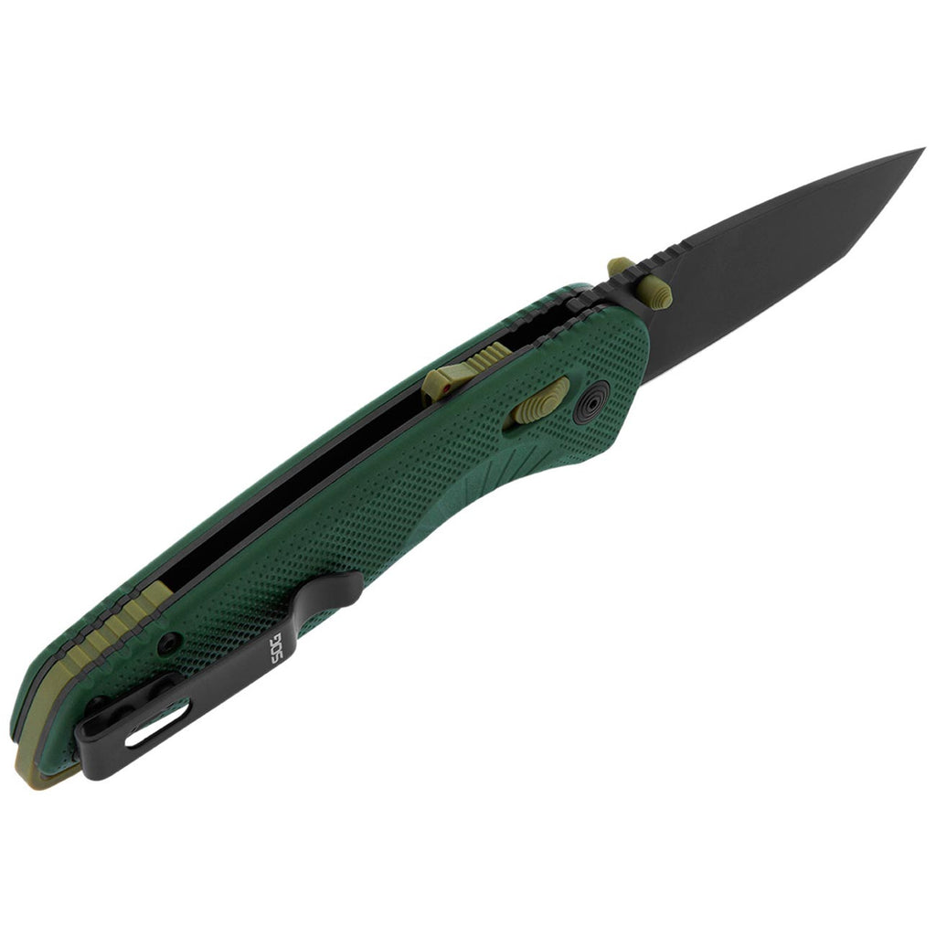 SOG Aegis at Tanto Outdoor Pocket Folding Opening Knife, Ambidextrous at-XR Lock with Ergonomic Handle, D2 Steel Blade, Built-in Blade Locking Safety and Spine-Mounted Safety System, Forest & Moss