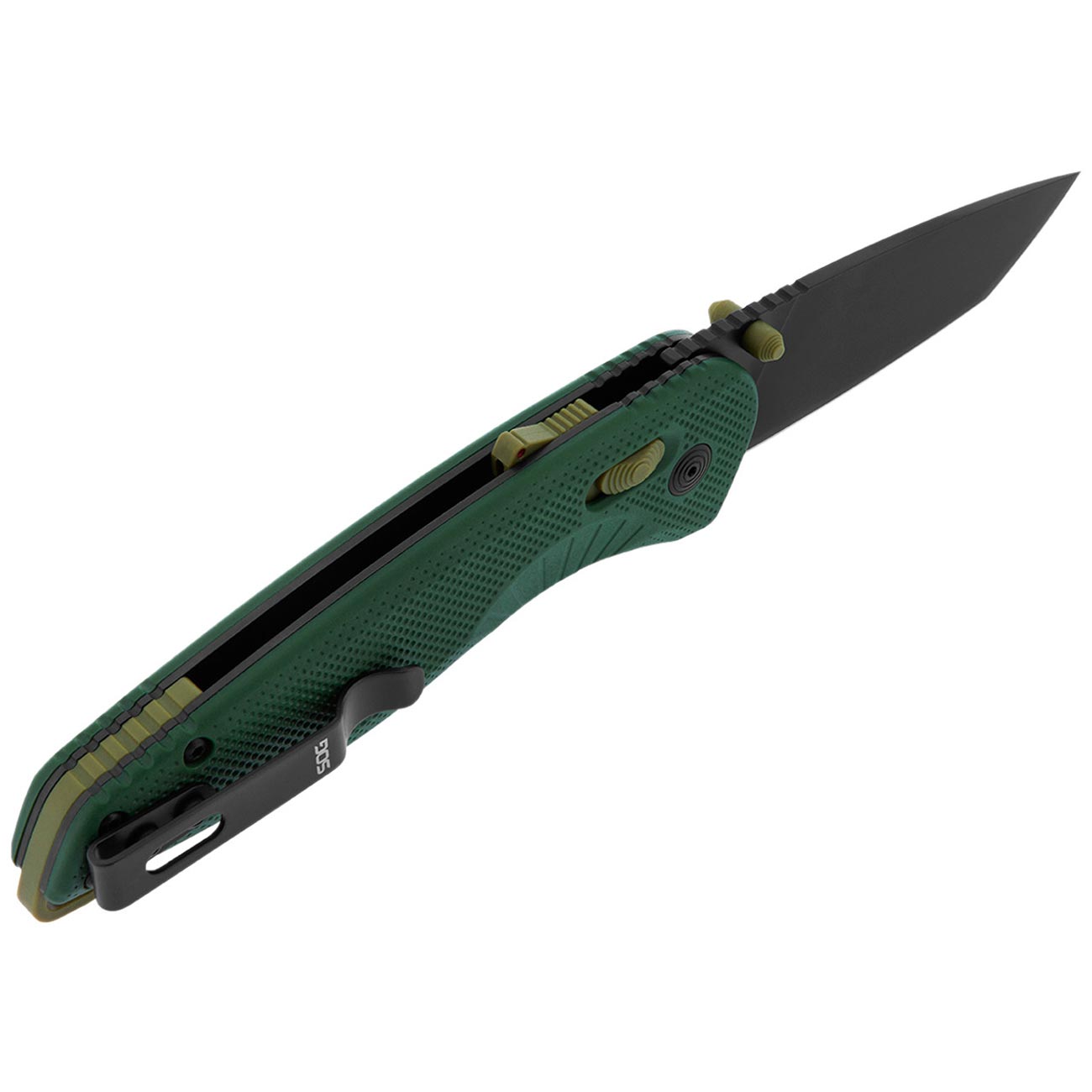 SOG Aegis at Tanto Outdoor Pocket Folding Opening Knife, Ambidextrous at-XR Lock with Ergonomic Handle, D2 Steel Blade, Built-in Blade Locking Safety and Spine-Mounted Safety System, Forest & Moss