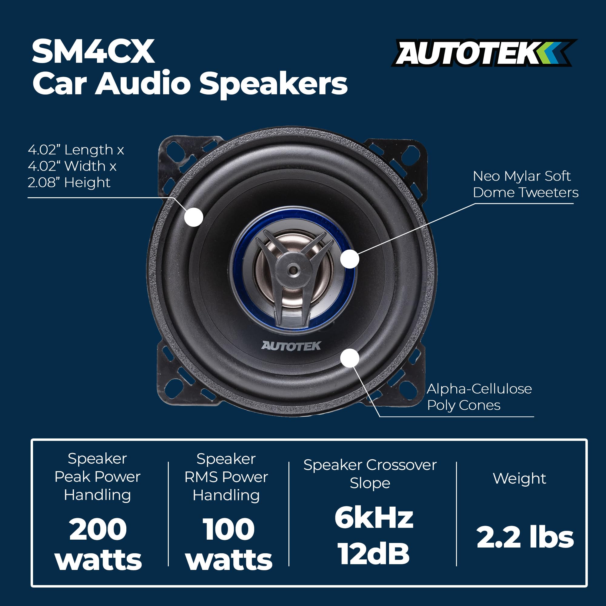 Autotek Street Machine 200W 4 Inch 2 Way Car Audio Coaxial Speakers with Neo Mylar Soft Dome Tweeters for Crystal Clear Sound, Pair