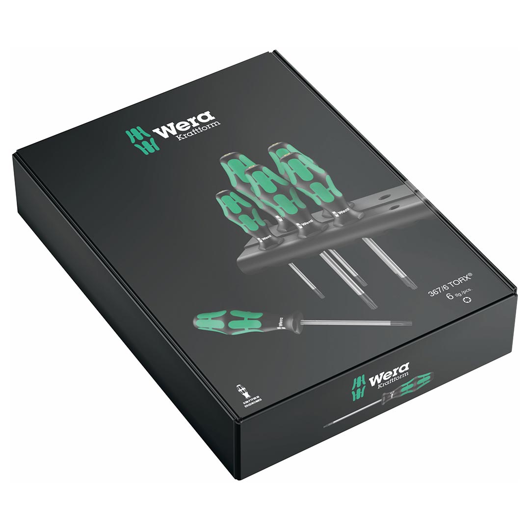 Wera 05028062001 Kraftform Plus 367/6 Torx Screwdriver Set and Rack, 6-Piece,MULTI,TX10x80mm, TX15x80mm, TX20x100mm, TX25x100mm, TX30x115mm, TX40x140mm