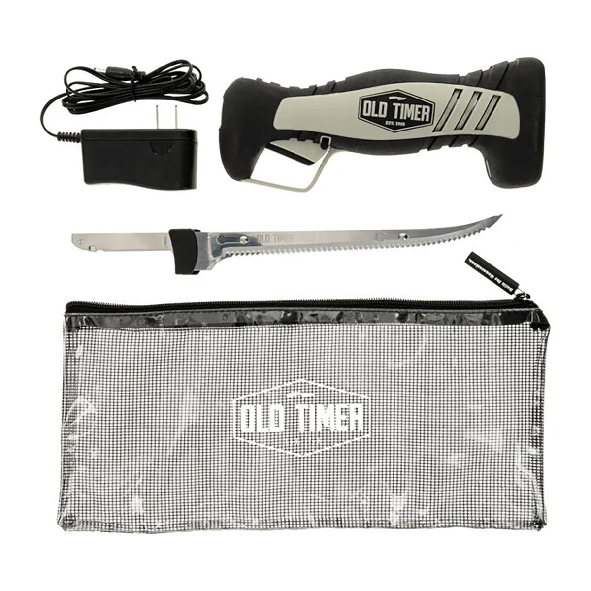 Old Timer Cordless Electric Fillet Knife with 8in Fully Serrated Stainless-Steel Blade, Trigger Lock, Rechargeable Battery, and Self Draining Case for Fishing, Meat Carving, Filleting, and Outdoors