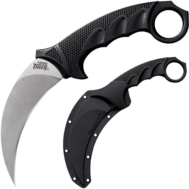 Cold Steel Steel Tiger 4.75'' Japanese Aus8A Stainless Steel W/ Stonewashed Finish Karambit Shape Fixed Blade Tactical Hunting Knife, Griv-Ex & Kray-Ex Handle, Secure-Ex Sheath