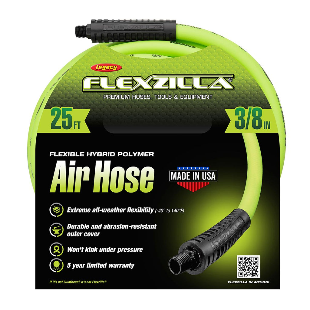 Flexzilla Air Hose, 3/8 in. x 25 ft., 1/4 in. MNPT Fittings, Heavy Duty, Lightweight, Hybrid, ZillaGreen - HFZ3825YW2