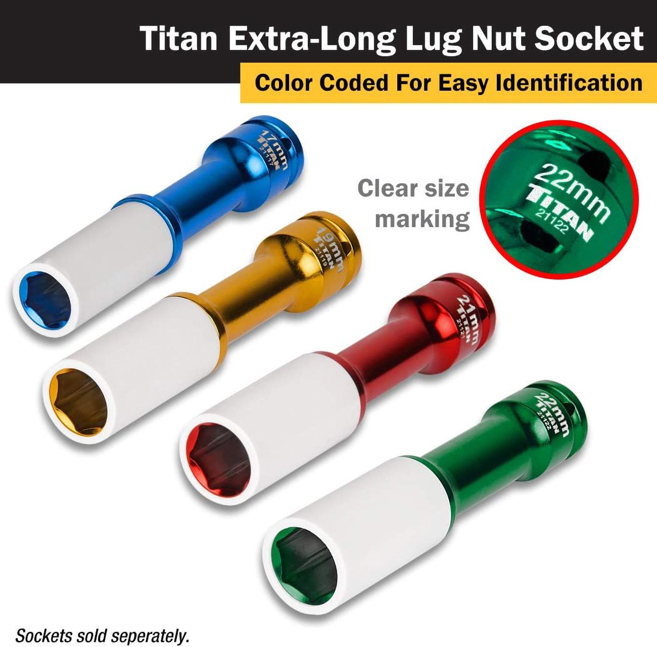 Titan 21122 1/2-Inch Drive x 22mm Non-marring Impact Extra-Long Lug Nut Socket