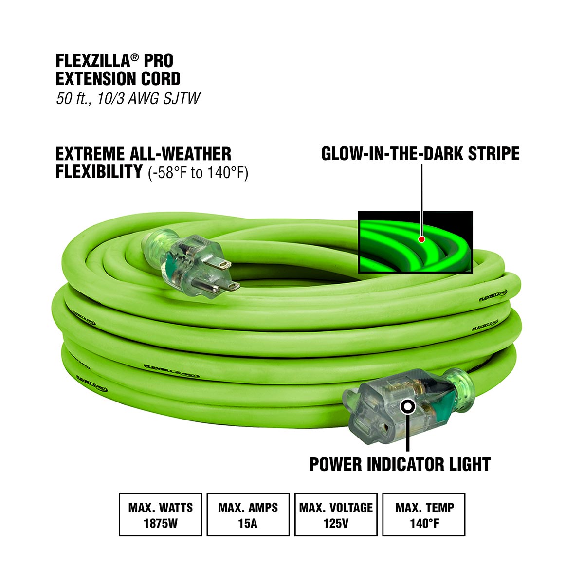 Flexzilla Pro Extension Cord, 10/3 AWG SJTW, 50 ft., Lighted Plug, Indoor/Outdoor, ZillaGreen - FZ512930